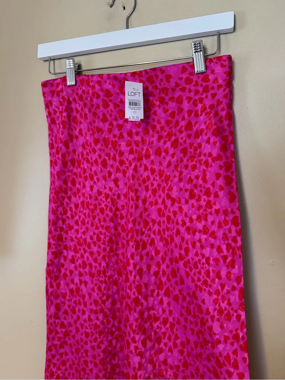 LOFT Hot Pink Heart Printed Satin Maxi Skirt NEW